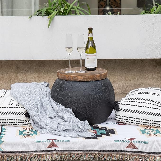 COSIEST Outdoor Side Table,Black Drum Outdoor End Tables,17" Concrete Patio Side Table for Outside Faux-Wood Top Accent Side Table Stool for Livingroom,Bedroom,Garden