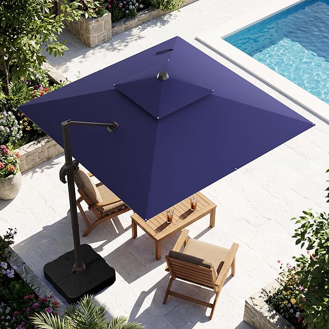 10x10FT Navy Blue Cantilever Outdoor Patio Umbrella with Base, Large Square Offset Design, Double Top Heavy Duty Aluminum Frame & 360° Rotation for Pool Garden Deck Backyard