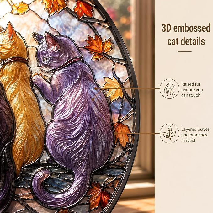 Statement Deluxe Bundle | Stained Glass Window Hanging, Five Cats 3D Embossed Diamond Glass Suncatcher, 7-Piece Cat Lover Gift Set with Crystal Pendant & Invisible Hooks