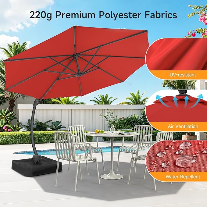 11 FT Outdoor Patio Umbrella with Base, Aluminium Curved Cantilever Umbrella, Large Round Hanging Offset Umbrella with Unlimited Position Adjustment and 360°Rotation for Market Garden Pool, Red