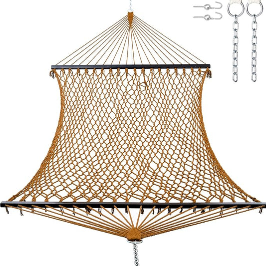 GAFETE 12ft Double Hammocks for Outside, Handwoven Traditional Cotton Rope 2 Person Hammock with Hardwood Spreader Bar, Chains & Hooks for Indoor Outdoor, Max 450 lbs Capacity (Coffee Brown, Medium)
