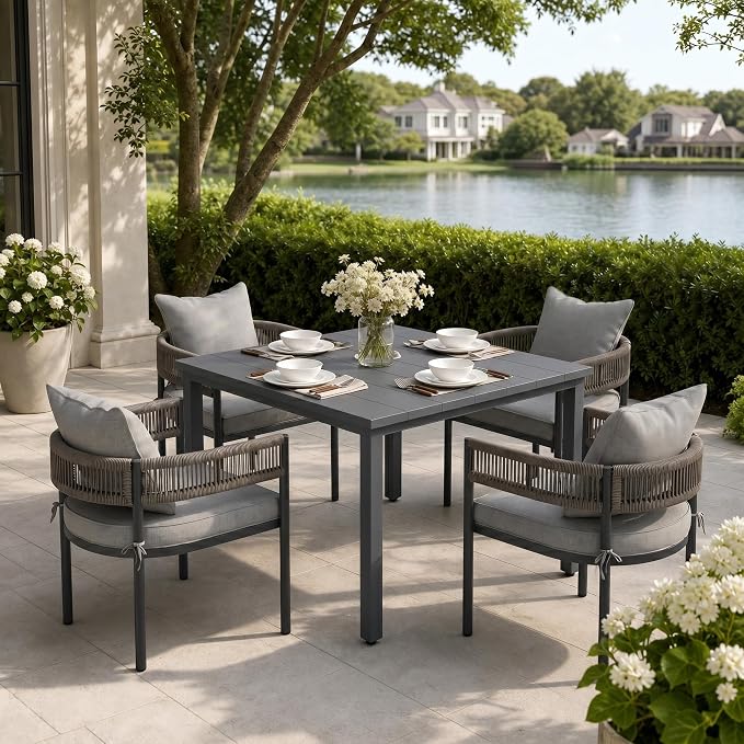 VICLLAX Patio Dining Set, 40.2" Dark Grey Table & 4 Chairs with Grey Cushion