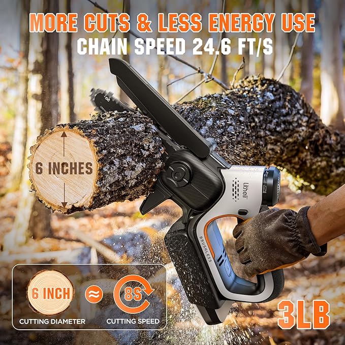Litheli 20V Mini Chainsaw 6 inch Brushless Handheld Chainsaw Cordless with 2.0Ah Battery & Cable, 450W 24.6ft/s Fast Cut, Auto-Oiling Small Electric Chain Saw for Wood Cutting, Yard, Garden Gift
