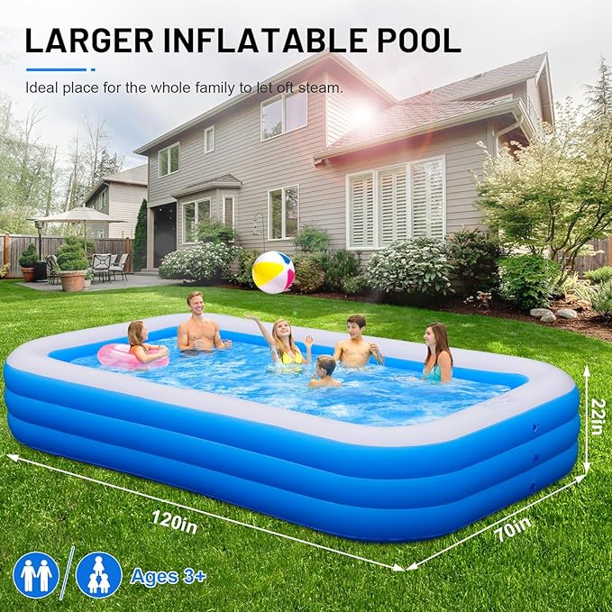Large Inflatable Pool for Adults, 120"x70"x22" Oversized Thickened Blow Up Pool for Family, Full-Sized Swimming Pool for Backyard, Garden and Outdoor Fun