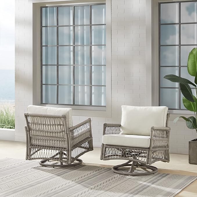 Crosley Furniture Thatcher 2-Piece Swivel Rocker Outdoor Chair Set, Wicker Patio Chairs for Porch, Deck, Driftwood with Creme Cushions