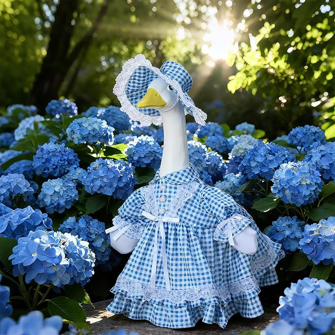 Soulchen 1 Set Summer Blue Plaid Porch Goose Outfit 23 Inch Cement Goose Clothes Dress and Hat Costume Set for Summer Holiday Lawn Garden Yard Decor