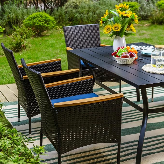 Sophia & William 7 Pieces Patio Dining Set with 13ft Navy Patio Umbrella, Outdoor Dining Set for 6 People, 60" Metal Patio Table and Rattan Chairs, Outdoor Patio Furniture with Seat Cushion