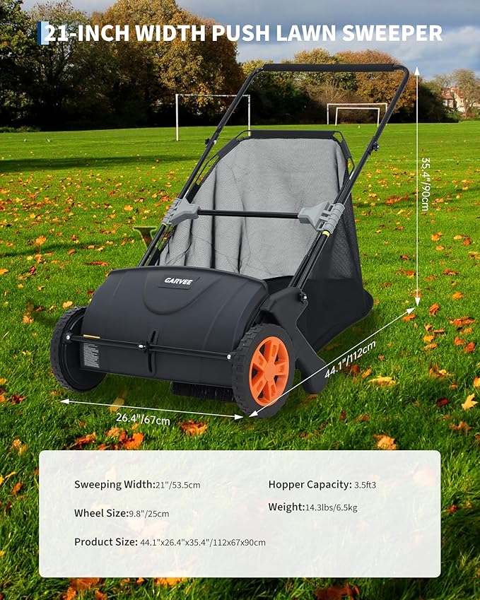 21-Inch Push Lawn Sweeper, 3.5 Cu. Ft. Hopper Leaf & Grass Collector, 4 Spinning Brushes, Adjustable Brush Height, Manual Yard Sweeper for Grass Clippings, Leaves & Light Debris, Black & Orange