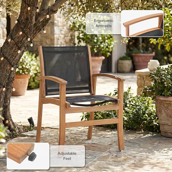 SUNSITT 7-Piece Outdoor Patio Dining Set, 55" - 71" Acacia Wood Expandable Table & 6 Breathable Textilene Mesh Chairs, All-Weather Patio Furniture w/Umbrella Hole for Backyard, Deck, Garden, Black