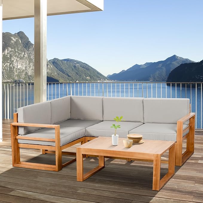Outsunny 4 Seater L Shaped Patio Furniture Set with Coffee Table and Cushions, Wood Outdoor Sectional Sofa Conversation Set for Garden, Backyard, Porch and Poolside (Gray)