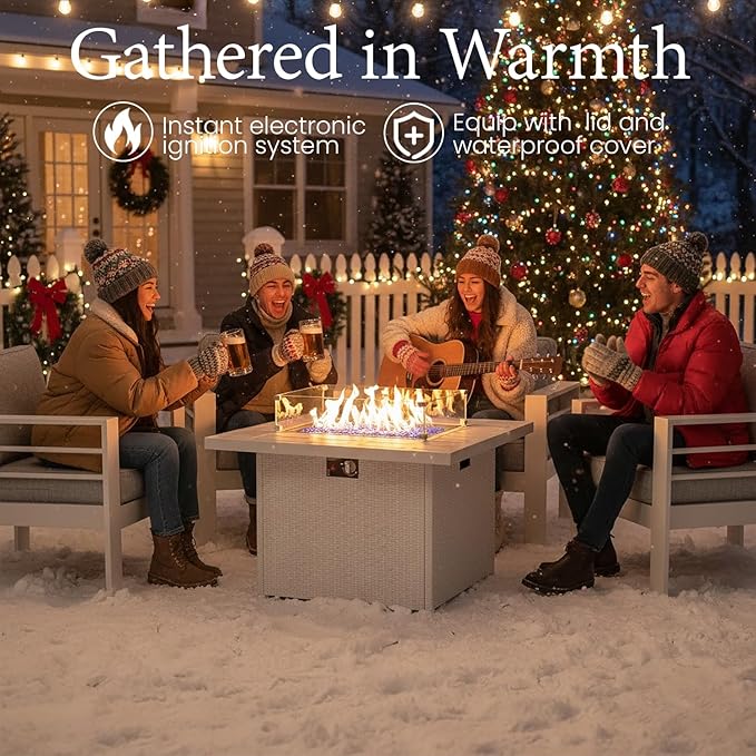 LayinSun Aluminum Furniture Set with Fire Pit Table, 5 Pieces Patio Sectional Conversation Chat Sofa Modern Seating Set