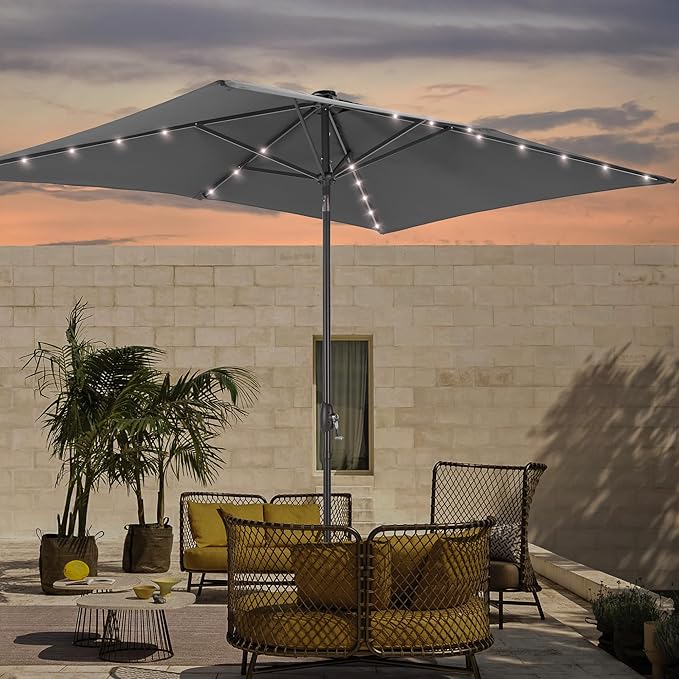 Rectangle Patio Umbrella with Solar Lights, 6x9ft Outdoor Rectangular Table Market Umbrella Patio with Push Button Tilt and Crank for Pool, Deck, Garden,Backyard
