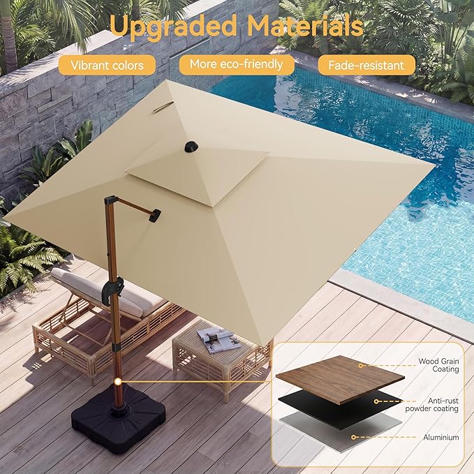 10x13 FT Wood Pattern Patio Umbrella with Base, Large Deluxe Cantilever Rectangular Double Top Heavy Duty Offset Umbrellas with 360° Rotation, Outdoor shade for Garden Pool Patio, Beige