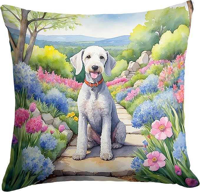 Caroline's Treasures Bedlington Terrier Spring Garden Throw Pillow Machine Washable, Indoor Outdoor Decorative Pillow for Couch, Bed or Patio, 18Hx18W