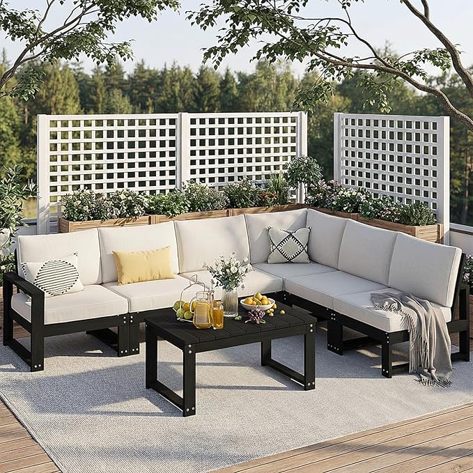 Patio Furniture Set, HDPE Sectional Outdoor Conversation Sets, 7-Piece Outdoor Couch Set with Deep Cushions, All-Weather Patio Sofa Set for Garden, Backyard, Porch, Black