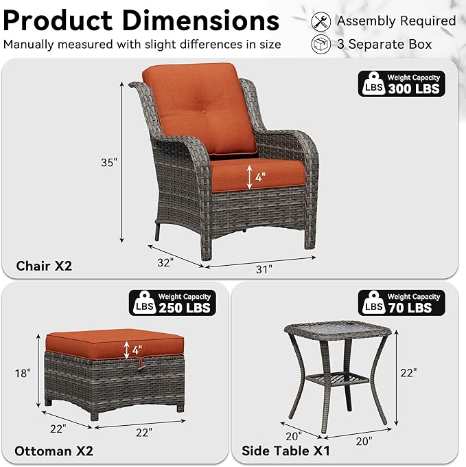 5 Piece Outdoor Wicker Patio Furniture Set, Patio Chairs Set with Thickened Olefin Cushions, High Back and Deep Seating, Hand-Woven PE Rattan, Ottoman for Porch, Deck