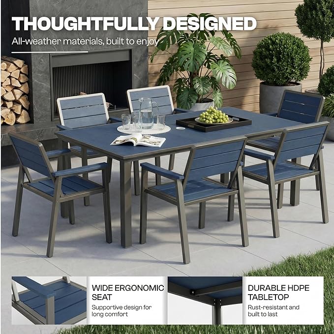 7 Piece Patio Dining Set for 6, Outdoor HDPE Table and Chairs with Umbrella Hole, All Weather Outdoor Furniture for Backyard, Deck, Lawn, Poolside, Blue