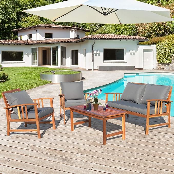 Tangkula 4 Pieces Acacia Wood Patio Furniture Set, Outdoor Seating Chat Set with Gray Cushions & Back Pillow, Conversation Set with Coffee Table, Ideal for Garden, Backyard, Poolside