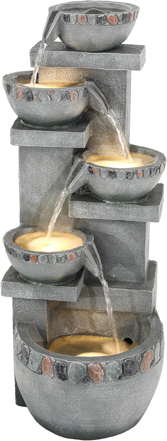 33" H 4-Tier Fountain Outdoor, Modern Resin Pebble Tabletop Water Feature Outdoor with LED Lights, Soothing Cascading Waterfall for Patio, Backyard, Garden or Porch