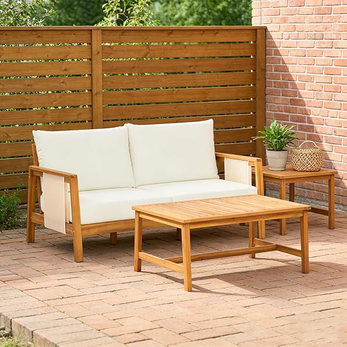 Christopher Knight Home Crew Acacia Wood Outdoor Loveseat and Coffee Table Set, 2 Piece Patio Furniture Set with Removable Cushion, Solid Wood Outdoor Conversation Set, Teak+Beige
