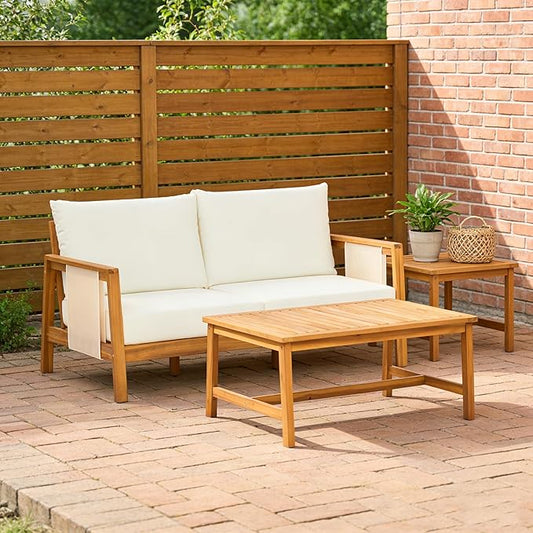 Christopher Knight Home Crew Acacia Wood Outdoor Loveseat and Coffee Table Set, 2 Piece Patio Furniture Set with Removable Cushion, Solid Wood Outdoor Conversation Set, Teak+Beige