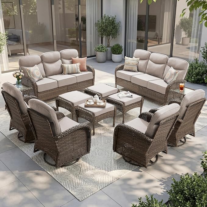 Outdoor Swivel Rocking Chair Patio Set (12pcs) High-Back - Thick Cushion Swivel Rocking Chair Patio with Sofa Set, All-Weather Wicker Patio Furniture Set, Suitable for Balcony Patios, Brown/Beige