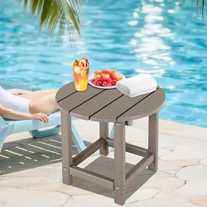 LZRS Round Adirondack Patio Side Table End Table, Outdoor Side Tables for Patio, Backyard,Pool, Indoor Companion, Easy Maintenance & Weather Resistant(Oak)