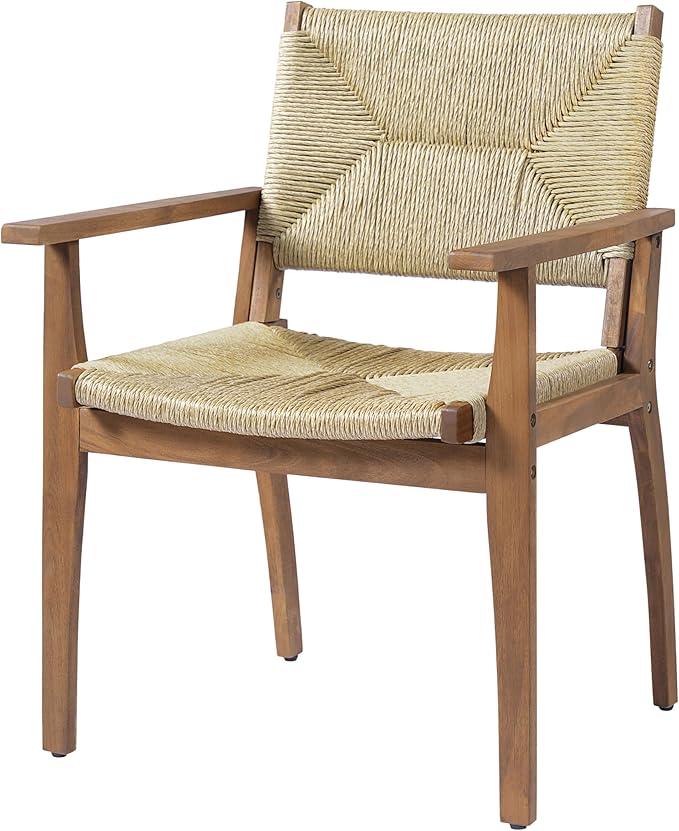 Merax 5-Piece Outdoor Dining Set, 47.24'' Round Acacia Wood Table & 4 Wicker Armchairs, Patio Furniture Set for Garden Balcony Deck, Teak Finish