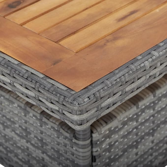 Benzara Biwo Outdoor Dining Table, Gray Wicker Rattan, 32 Inch Brown Wood Top