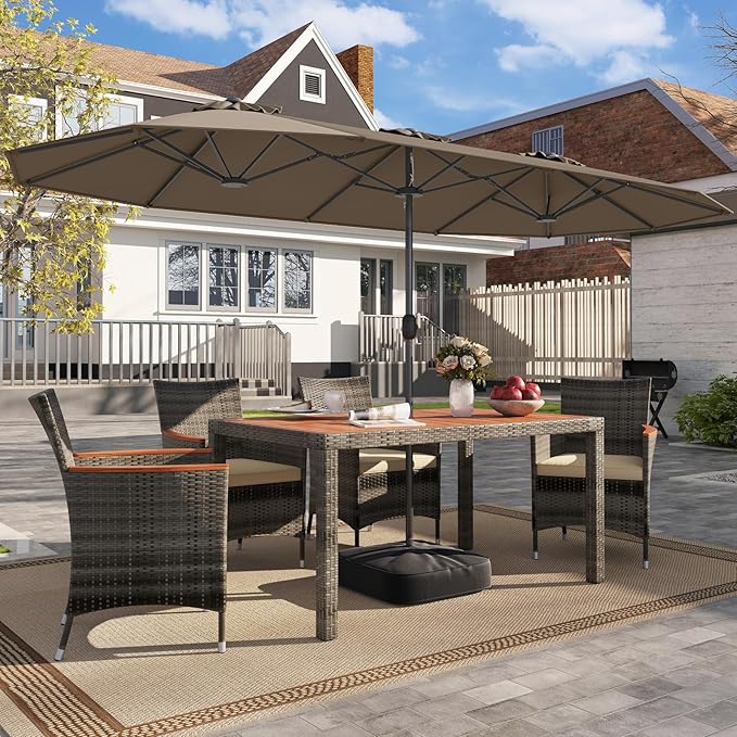 Tangkula 13FT Double-sided Patio Umbrella, Extra Large Twin Table Umbrella with Crank Handle, Umbrella Base, Safety Lock, Air Vent, Outdoor Market Umbrella for Garden Pool Backyard (Tan)