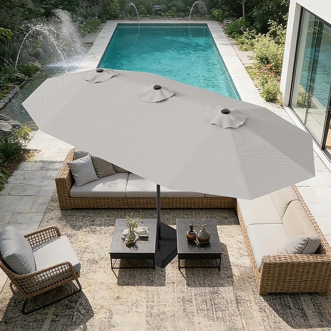 AreShark 15ft Patio Umbrella with Base, Double Sided Outdoor Umbrella with 12 Fiberglass Ribs, Large Outdoor Umbrella for Garden, Pool, Deck, Backyard & Market, Light Grey