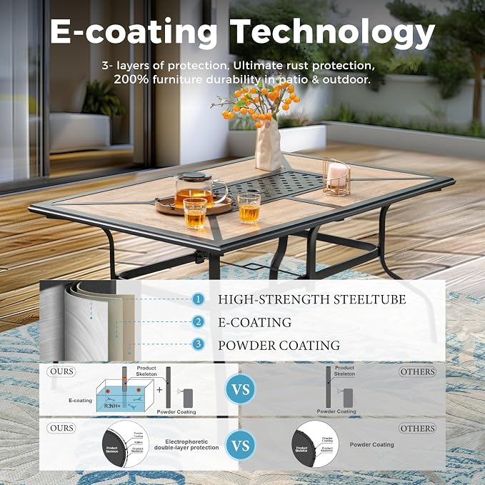 MIXPATIO Outdoor Patio Dining Table for 6, 61" x 38" Rectangular Metal Patio Dining Table with Umbrella Hole for Garden, All Weather Wrought Iron Black Outdoor Table Backyard and Porch