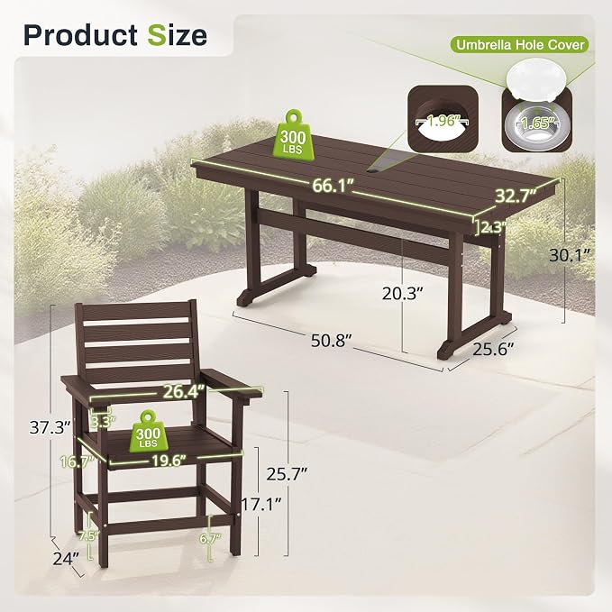 7 Piece Outdoor Dining Set, HDPS Patio Table and Chairs Set, 66" Patio Table with 1.96" Umbrella Hole & 6 Chairs, All Weather Furniture for Garden, Backyard, Poolside (Coffee Brown)
