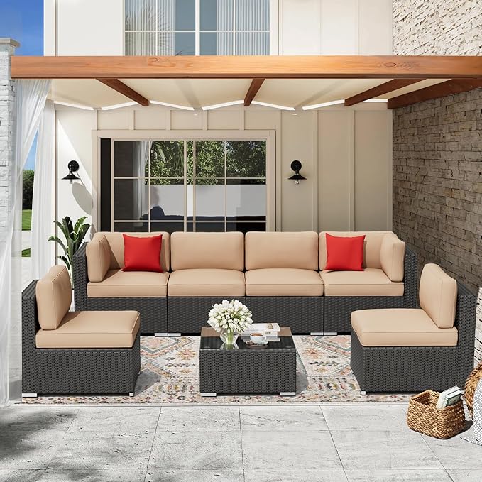Oakcloud 7-Piece Outdoor Patio Furniture Sofa Set Black Rattan Wicker Sectional Conversation Sets with Glass Top Table and Cushions(Brown)