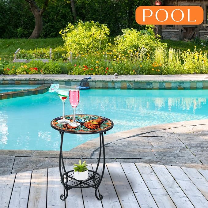 Cinnvoice Outdoor Side Table Round Small Mosaic Patio Accent Indoor End Plant Coffee Tea Table for Yard Patio Porch Garden Living Room, Bedroom(Butterfly B Style,18 Inch)