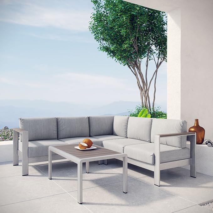 Modway Shore 4-Piece Aluminum Outdoor Patio Sectional Sofa Set in Silver Gray
