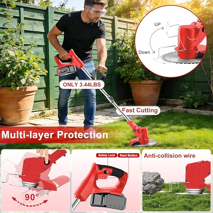 Electric Cordless Weed Wacker, 21V Electric Weed Wacker Eater with Battery Charger, 3 in 1 Grass Trimmer with 4 Types Blade, Lightweight Adjustable Design for Lawn, Yard