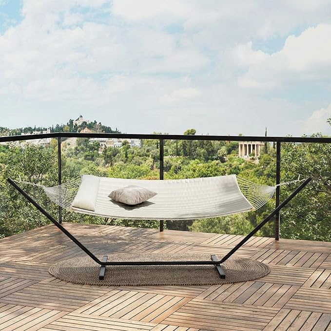 Double Hammock with Stand, 2 Person Cotton Rope Design, 450 Lbs Capacity, Includes Reversible Quilted Pad and Pillow, Hardwood Spreader Bars for Backyard Patio Outdoor