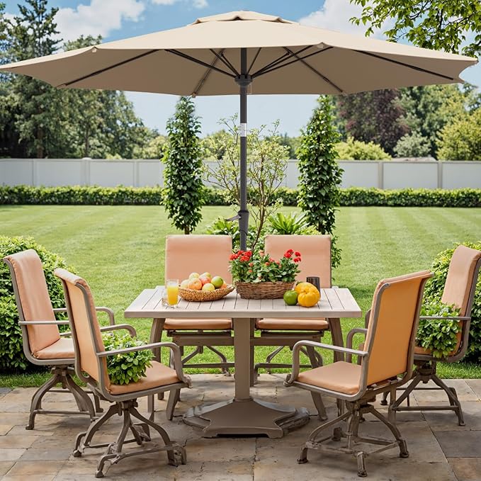 Outdoor Patio Umbrella with One Push Button Tilt and Crank, 8 Sturdy Ribs Market Table Umbrella