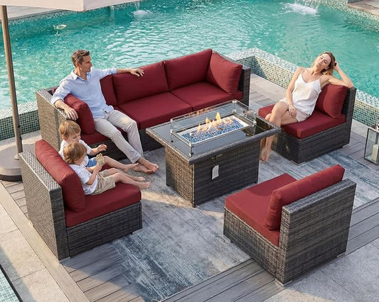 BULEXYARD 7 Piece High Back Outdoor Furniture Set with Fire Pit, Durable All Weather Wicker Patio Couch Sofa Set, Large Size Modular 6-Seater Sectional Backyard Seating Wide Deep for Lawn, Grey & Red