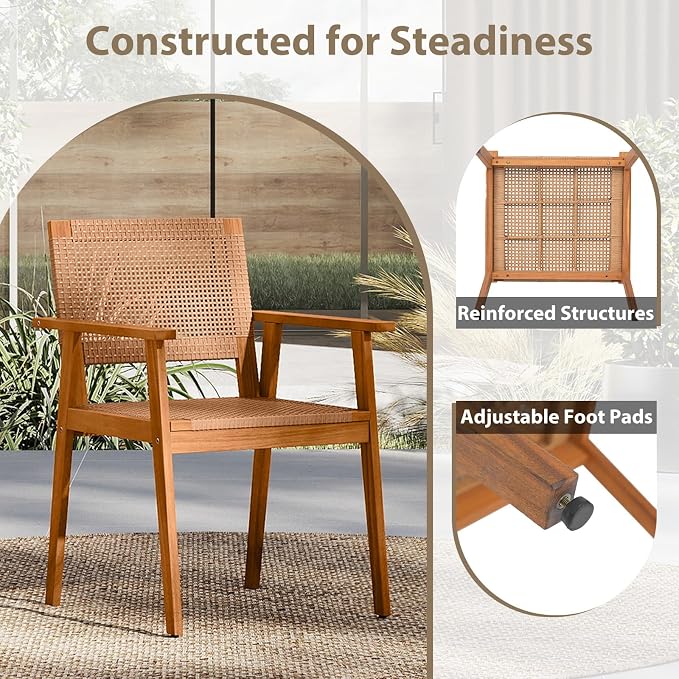 COSTWAY Outdoor Dining Set for 4, 5 Pieces Acacia Wood Table and Armchairs Set with Rattan Backrest and Seat, Adjustable Foot Pads for Patio, Backyard, Deck, Poolside