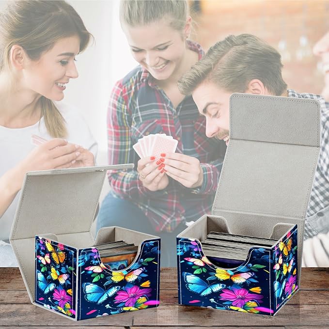 Card Deck Box for MTG, Cards Storage Box Fits 120+ Sleeved, Leather Small Size Strong Magnetic Closing Card Case for Board Games Magic TCG CCG Baseball Collection, Colorful Butterfly