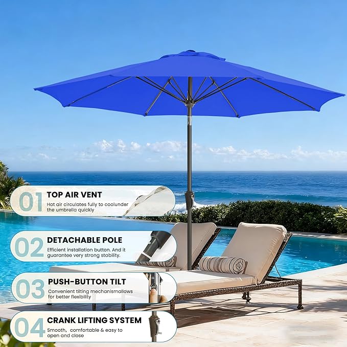 9FT Outdoor Patio Umbrella Outdoor pool Umbrella with Push Button Tilt and Crank, Market Umbrella 8 Sturdy Ribs UV Protection for Garden, Deck, Backyard (Royal Blue)