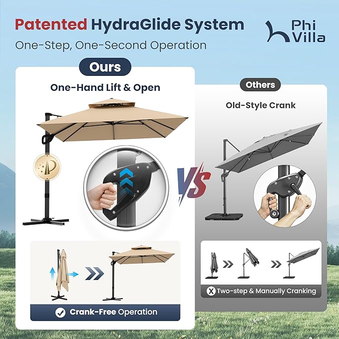 PHI VILLA 9’ x 12’ Cantilever Patio Umbrella with Base, Outdoor Rectangular Heavy Duty Large Umbrella with Hydraulic Lift and 360° Rotation, Beige
