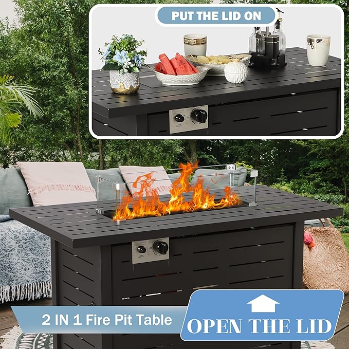 KIGOTY Patio Furniture Set with Fire Pit Table, 8 Pieces Outdoor Furniture Set with 43in Gas Fire Pit and Coffee Table, PE Rattan Patio Conversation Sofa Sets, Patio Sectional Sofa（Grey White/White）