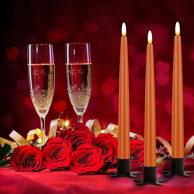 CVHOMEDECO. Flameless Taper Candles with 10-Key Remote, Battery Operated Led Flickering 3D Wick Window Candles Real Wax Finished Home Christmas Party Decor 0.78 x 11 Inch, Pack of 3, Orange