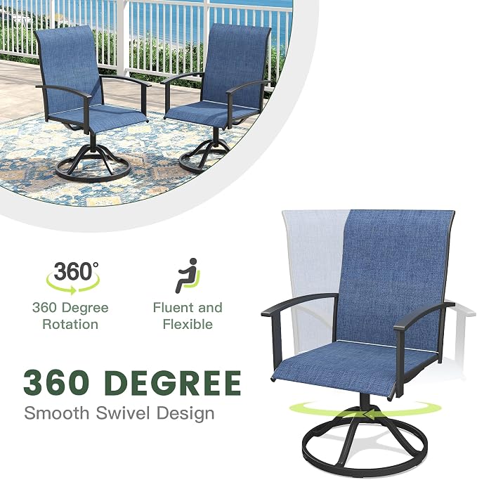 3 Pieces Small Patio Dining Set, Outdoor Furniture of 18.1" Square Patio Side Table & Patio Swivel Chairs for Backyard Lawn Garden, Black Table and Dark Blue Chairs