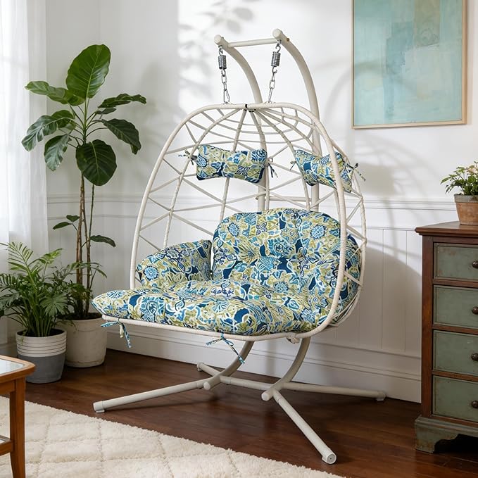 Double Egg Hammock Chair with Stand, Swing Egg Chair, Wicker Hanging Chair with Washable Cushion - Sturdy Metal Stand, 600lbs Capacity for Indoor Outdoor Patio Living Room Etc (White+Morocco Dream)