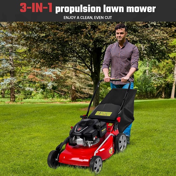 20Inch Self-Propelled Gas Lawn Mower, 173cc Walk-Behind Push Mower with 3-in-1 Bagging/Mulching/Side Discharge, Adjustable Height Design, Heavy Duty Gas Mowers with 60L Grass Bag ＆ Big Wheels