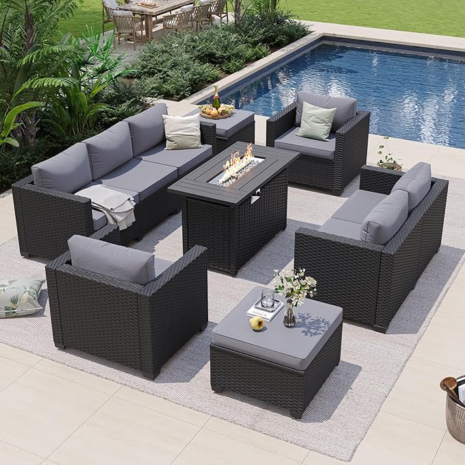 Aoxun 7 Piece Patio Furniture Set with Fire Pit Table, 9 Seats Outdoor Furniture Set with Wicker Ottomans, Rattan Outdoor Sectional Sofa with Thickened Cushion & Waterproof Cover Grey